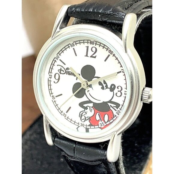 Disney Women's Watch Mickey Mouse Silver Dial Quartz Black Leather Band 27mm - Picture 1 of 13